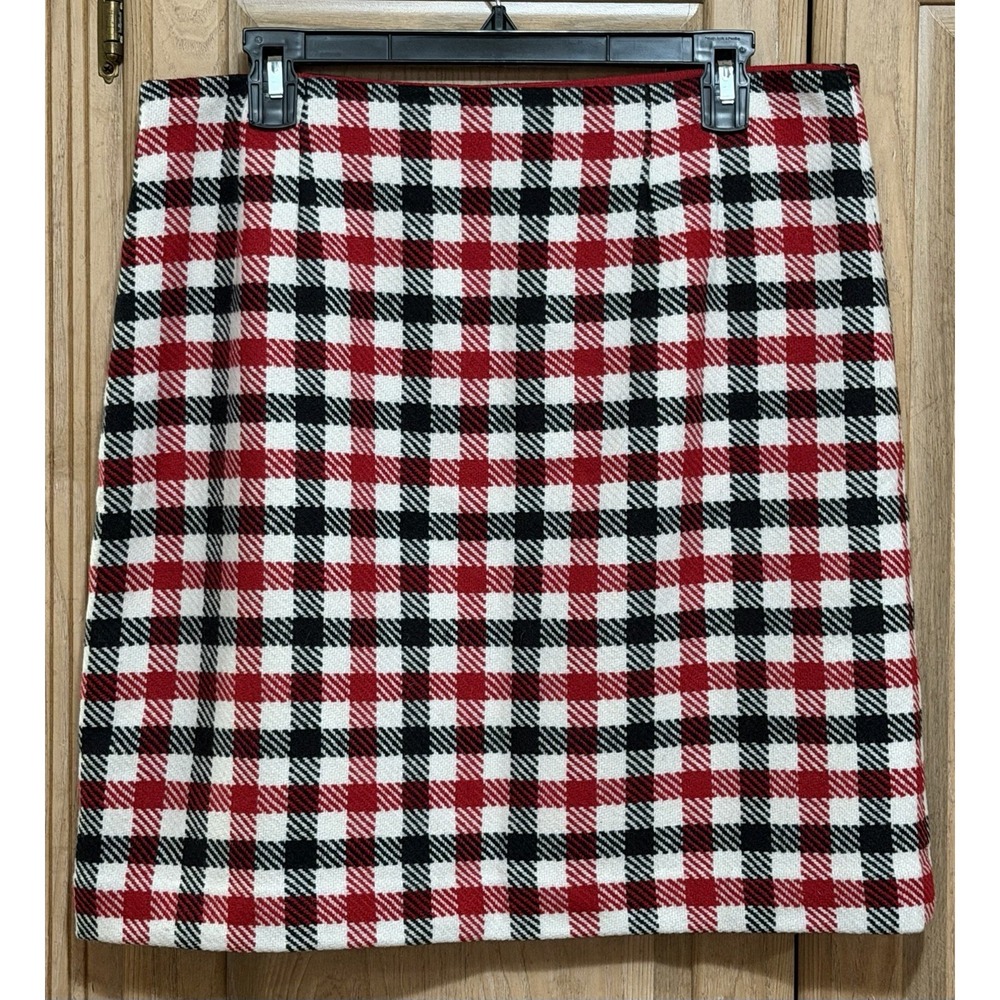 Talbots Wool Blend Red Black Ivory Plaid A-Line Skirt Sz 12P Lined Festive Check